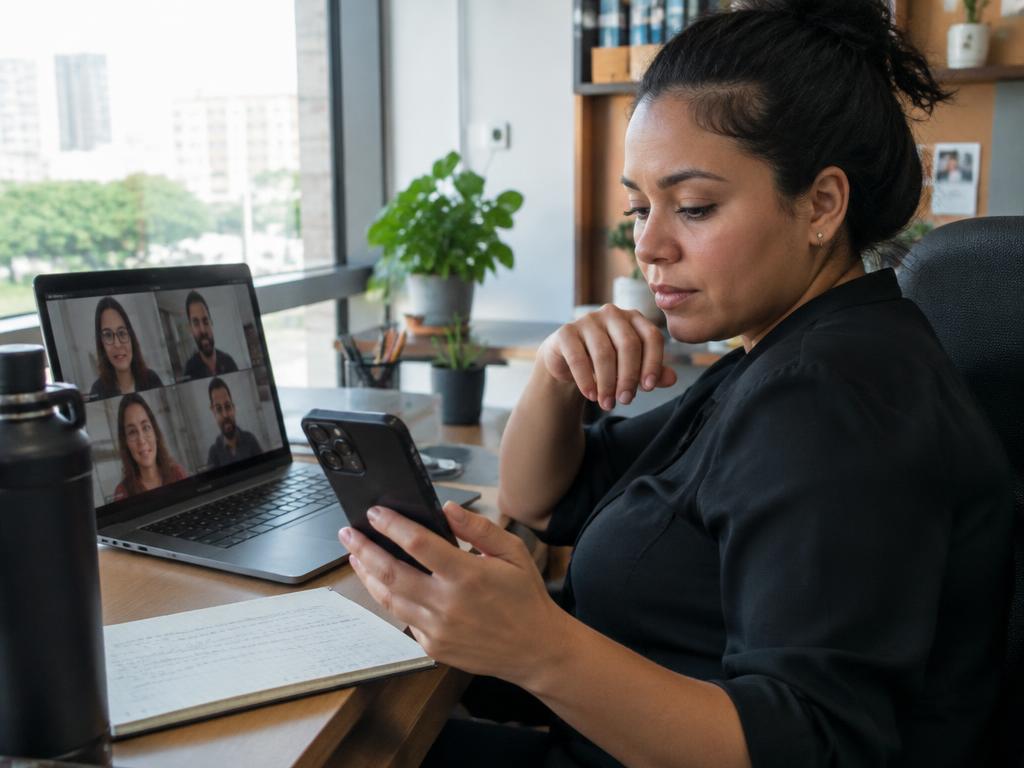 Mulher ocupada no trabalho olhando o celular